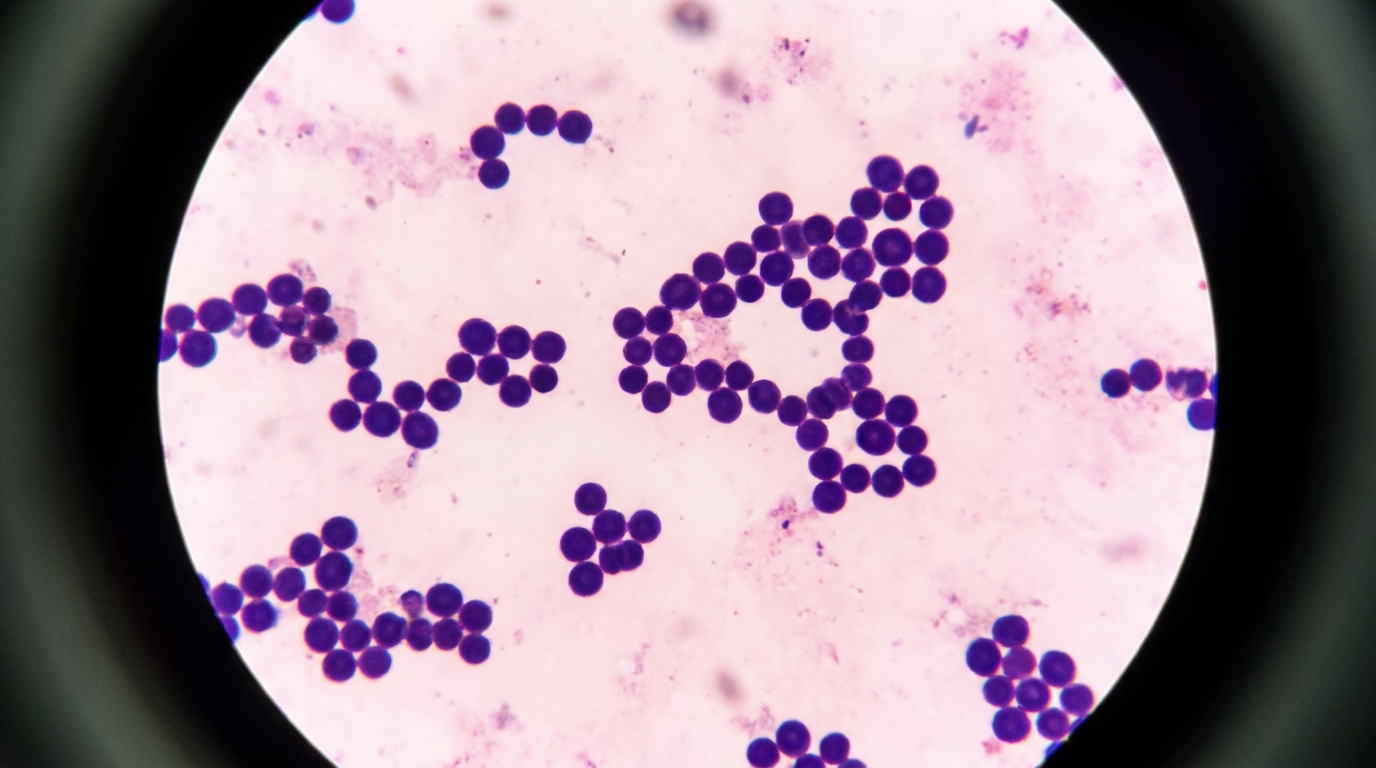 Brightfield microscope view of Gram-stained Gram-positive cocci in irregular clusters at 1000x magnification.