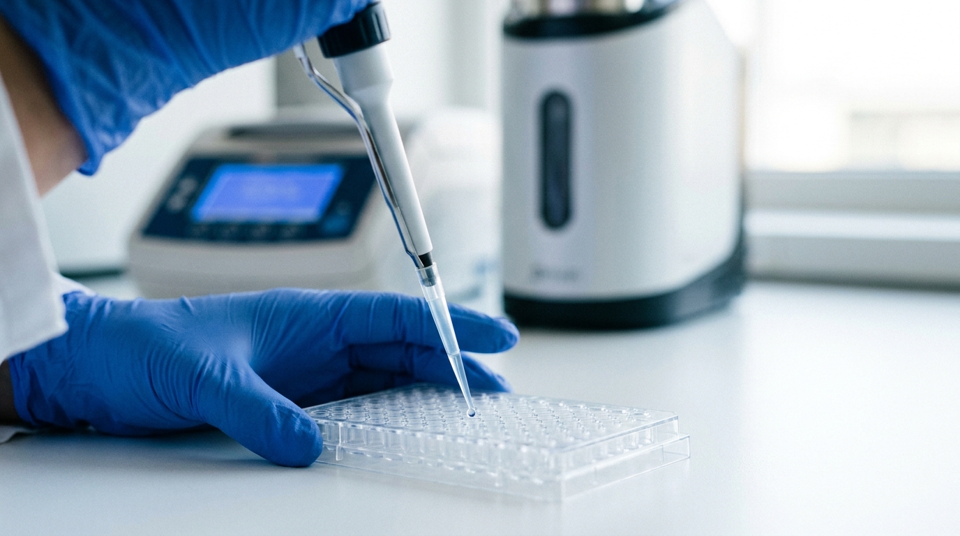 Gloved scientist pipetting into a 96-well plate in a modern synthetic biology lab.
