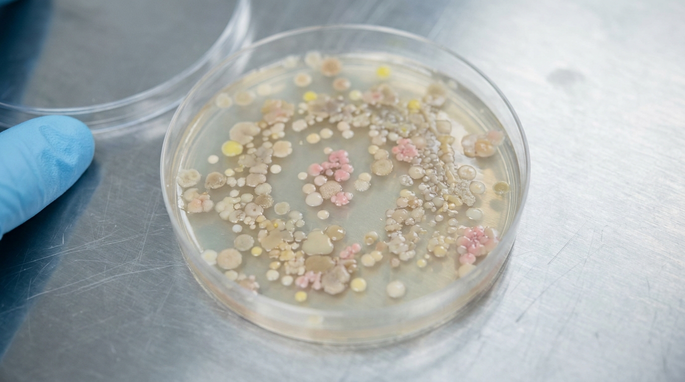Petri dish densely populated with diverse bacterial colonies, representing the gut microbiome.