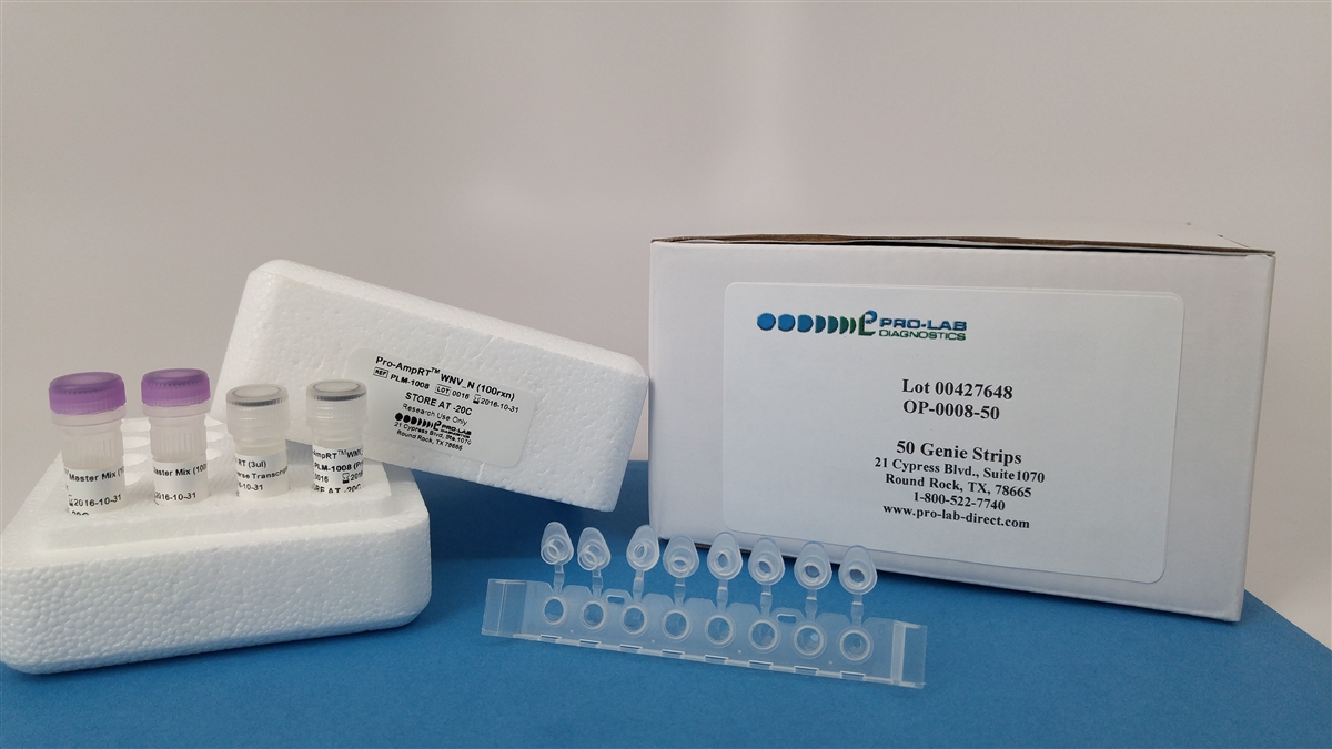 Pro-AmpRT™ WNV Isothermal Kit PLM-1008 — reagent vials, Optigene 8-tube strip, and OP-0008 Genie Strips box