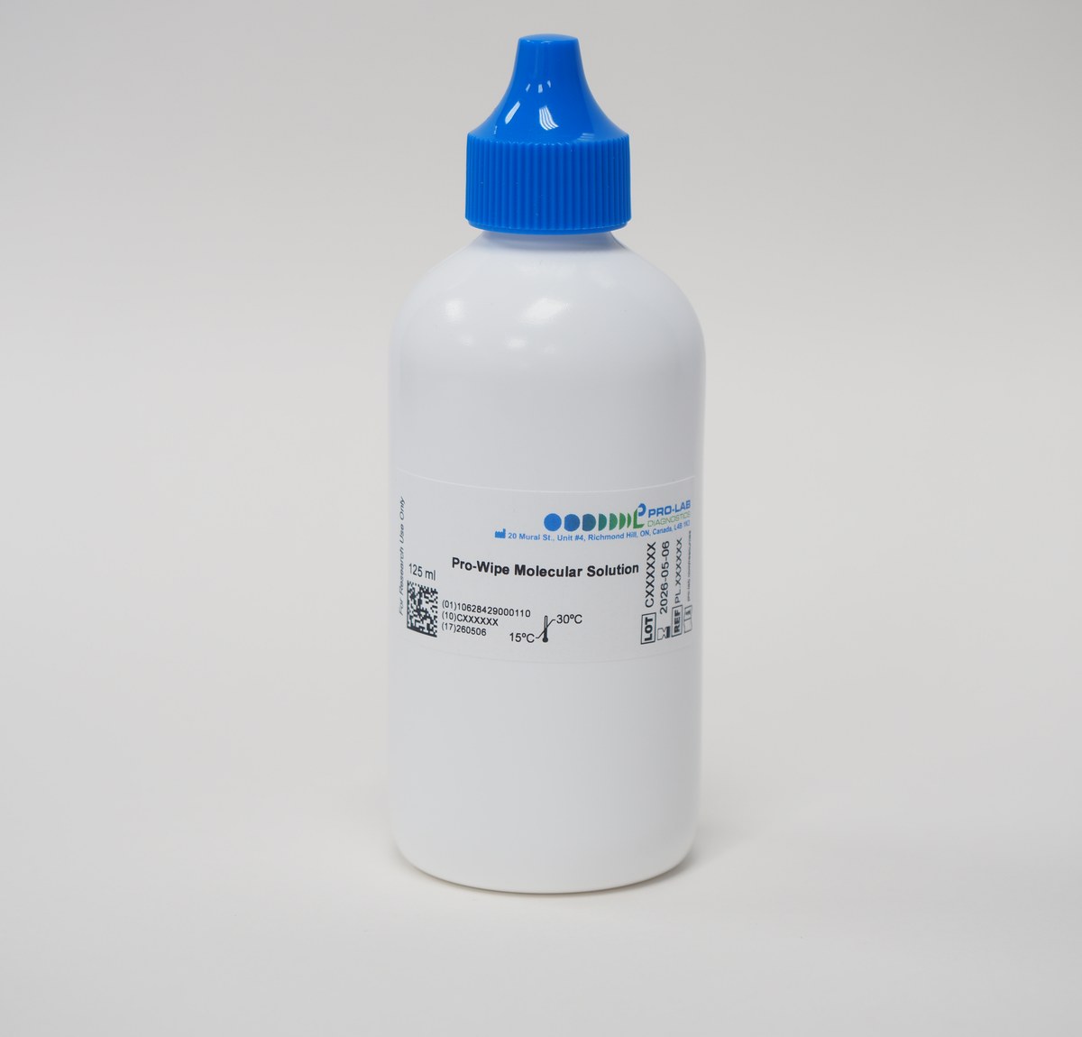 Pro-Wipe Molecular Solution 125 mL bottle, angled view showing dropper cap — Pro-Lab Diagnostics